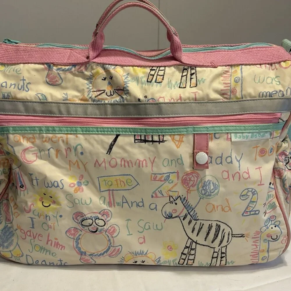 Vintage 90s Baby Boom Diaper Bag Zoo Animals Doodle Pink Blue Mommy Daddy